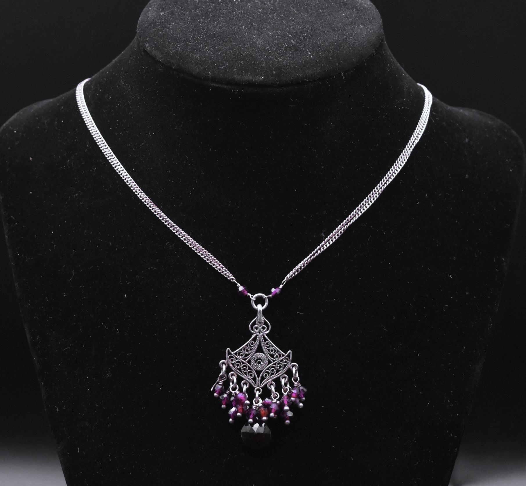 Vintage Sterling Silver and Garnet Double Chain Necklace Pendant