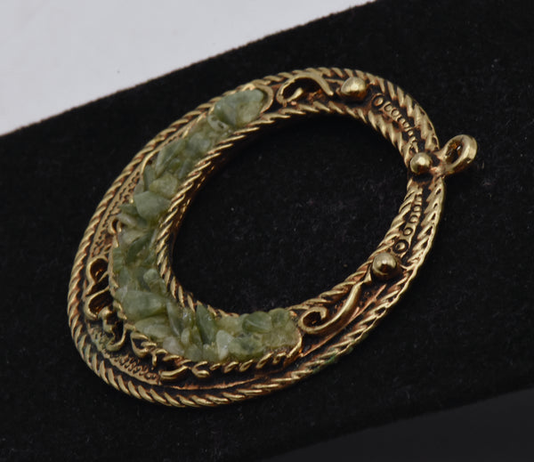 Vintage Gold Tone Metal and Green Crushed Stone Hoop Pendant
