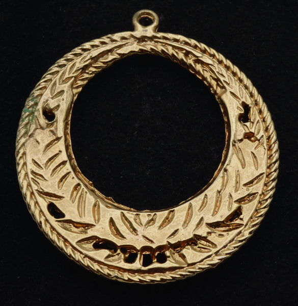 Vintage Gold Tone Metal and Green Crushed Stone Hoop Pendant
