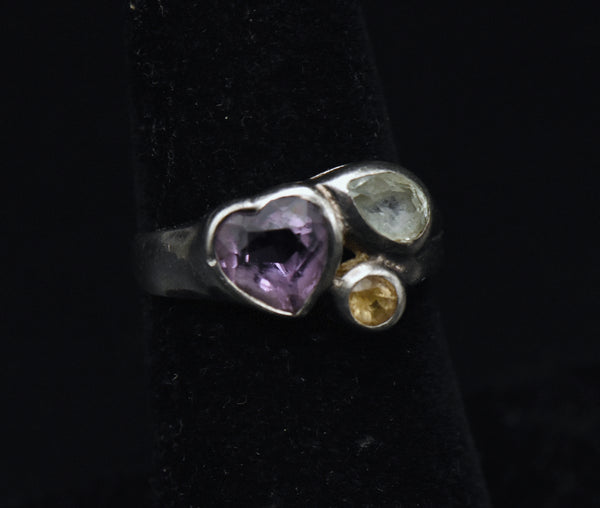 Vintage Amethyst, Blue Topaz and Citrine Sterling Silver Ring - Size 6