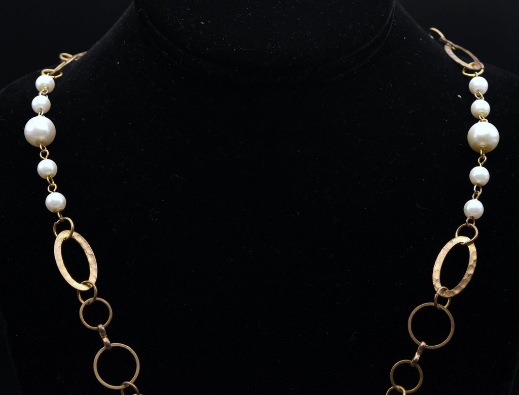 Vintage Gold Tone Metal and Faux Pearl Chain Link Necklace - 28"
