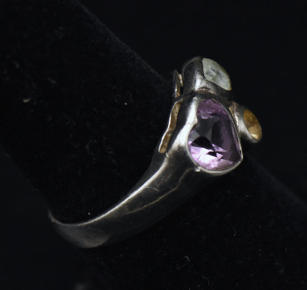Vintage Amethyst, Blue Topaz and Citrine Sterling Silver Ring - Size 6