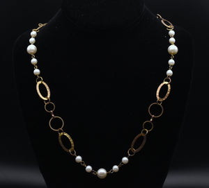 Vintage Gold Tone Metal and Faux Pearl Chain Link Necklace - 28"