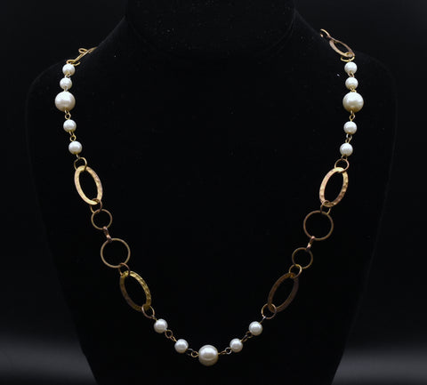 Vintage Gold Tone Metal and Faux Pearl Chain Link Necklace - 28"
