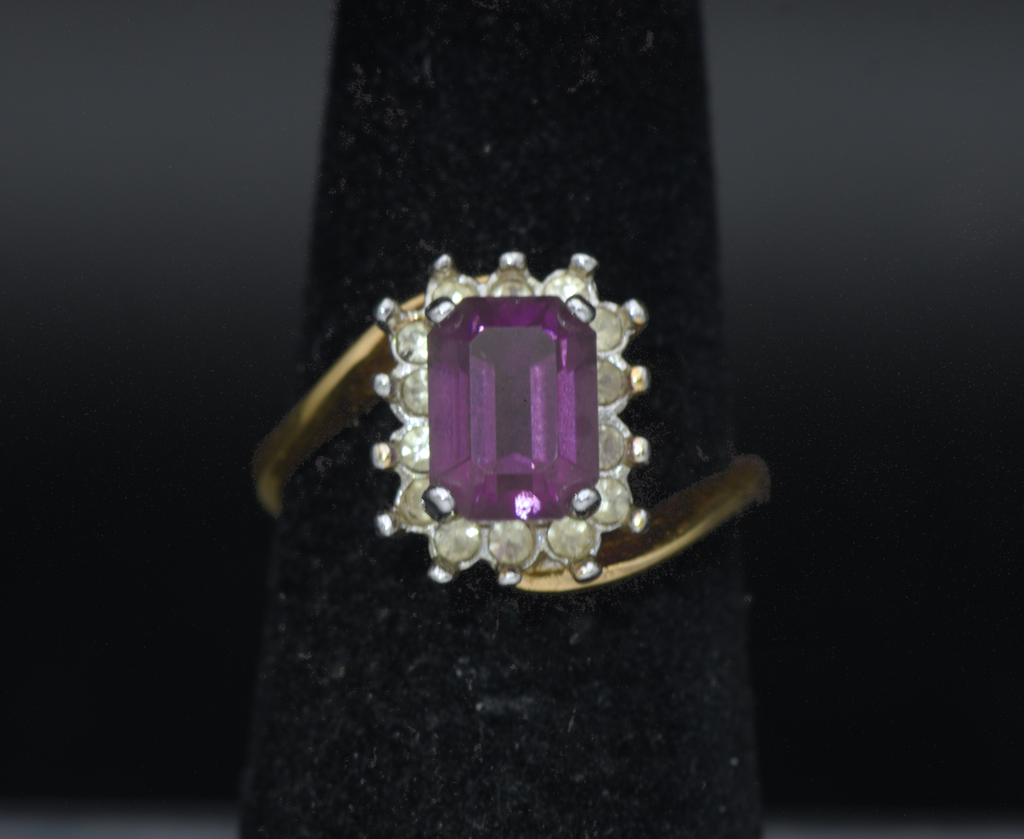 Vintage 18K Gold Plated Imitation Amethyst Halo Ring - Size 5