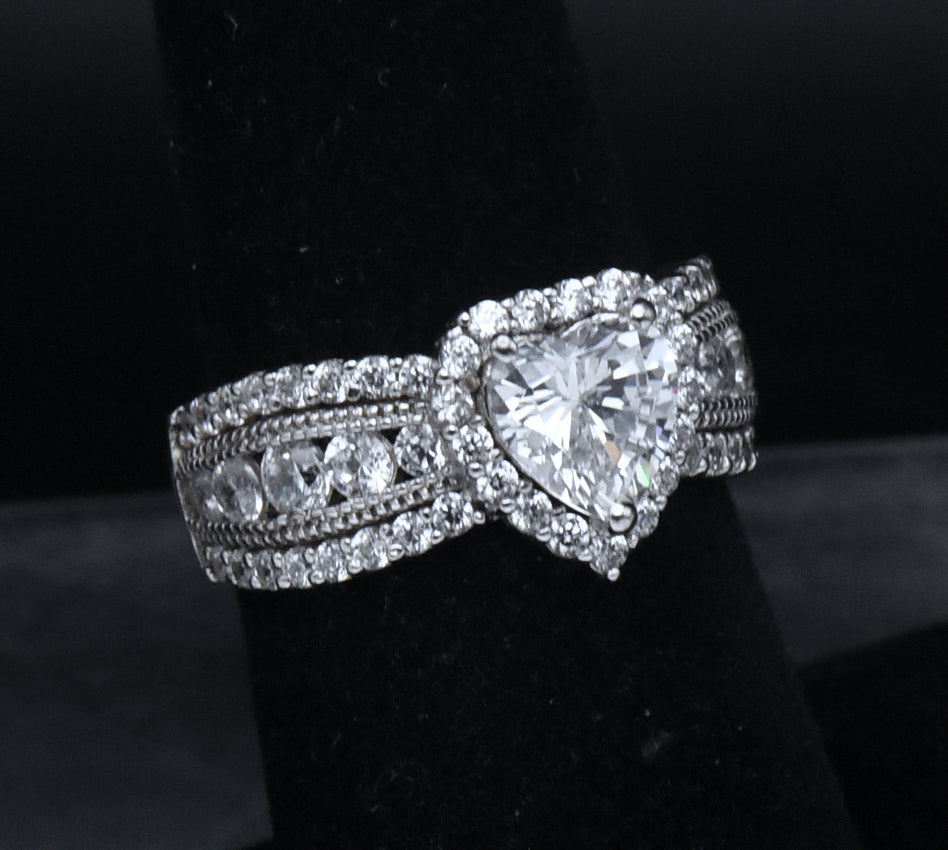 Sterling Silver Heart Cut Cubic Zirconia Halo Ring - Size 6