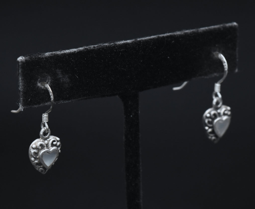 Vintage Mother of Pearl Heart Sterling Silver Dangle Earrings