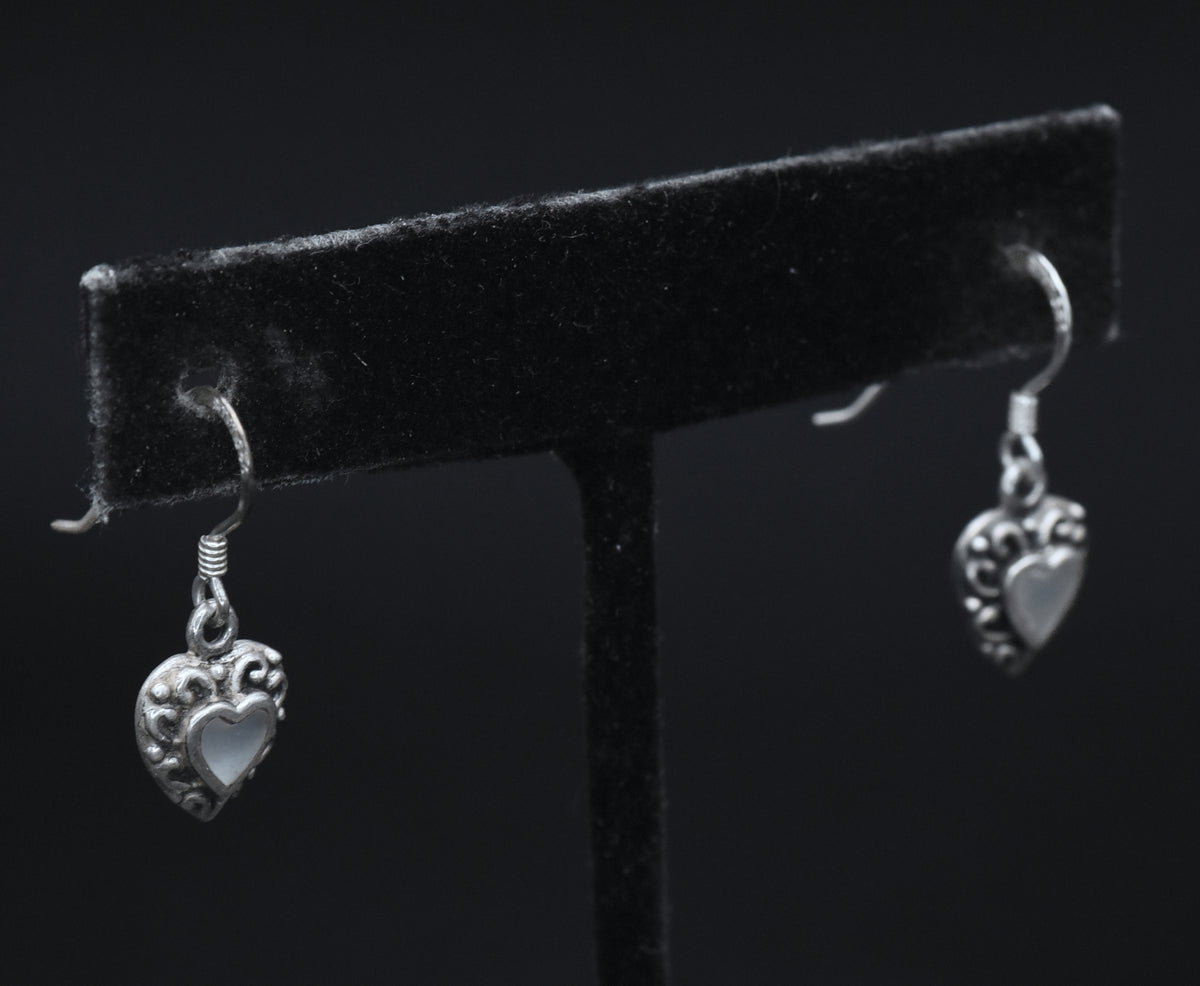 Vintage Mother of Pearl Heart Sterling Silver Dangle Earrings