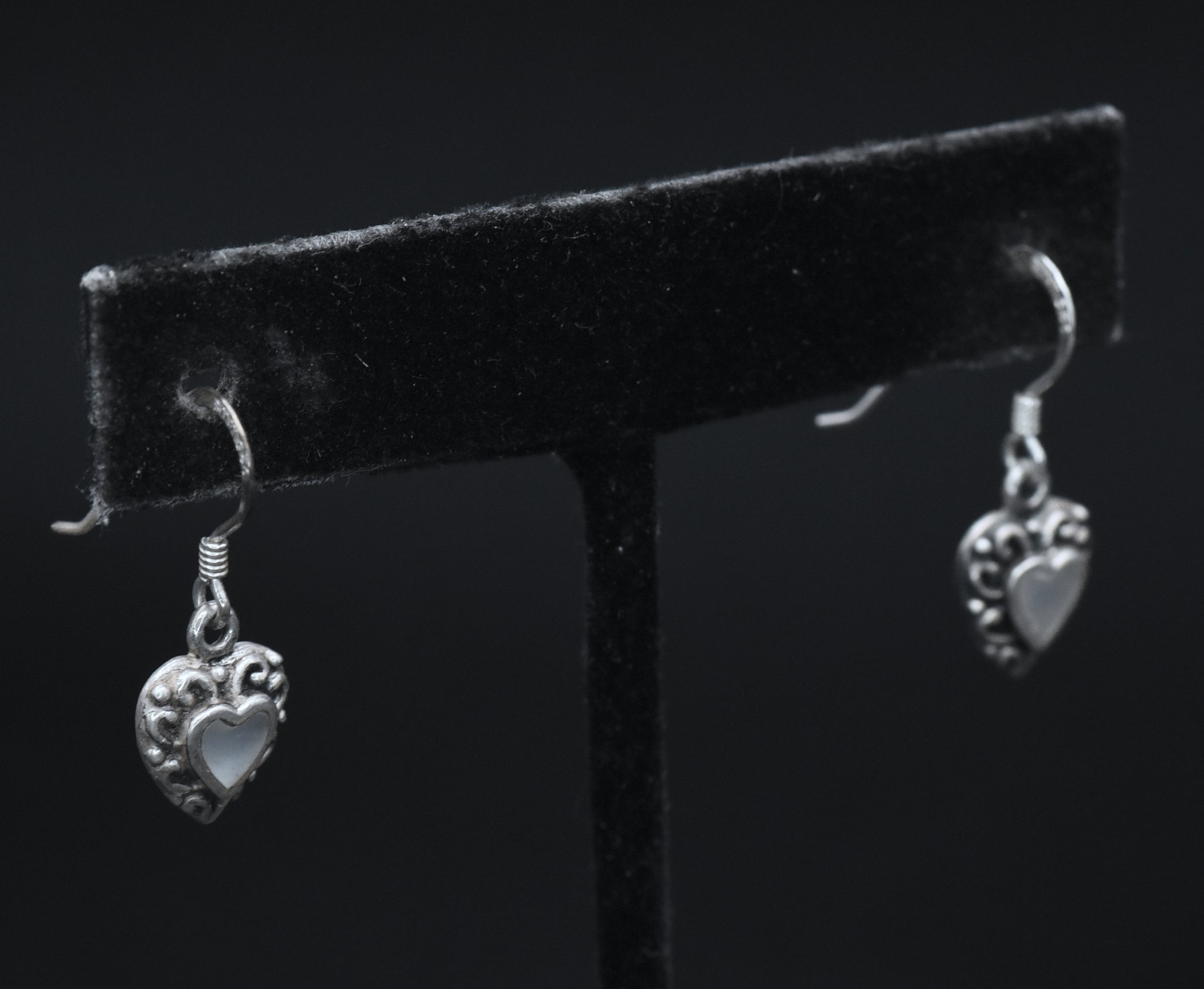 Vintage Mother of Pearl Heart Sterling Silver Dangle Earrings