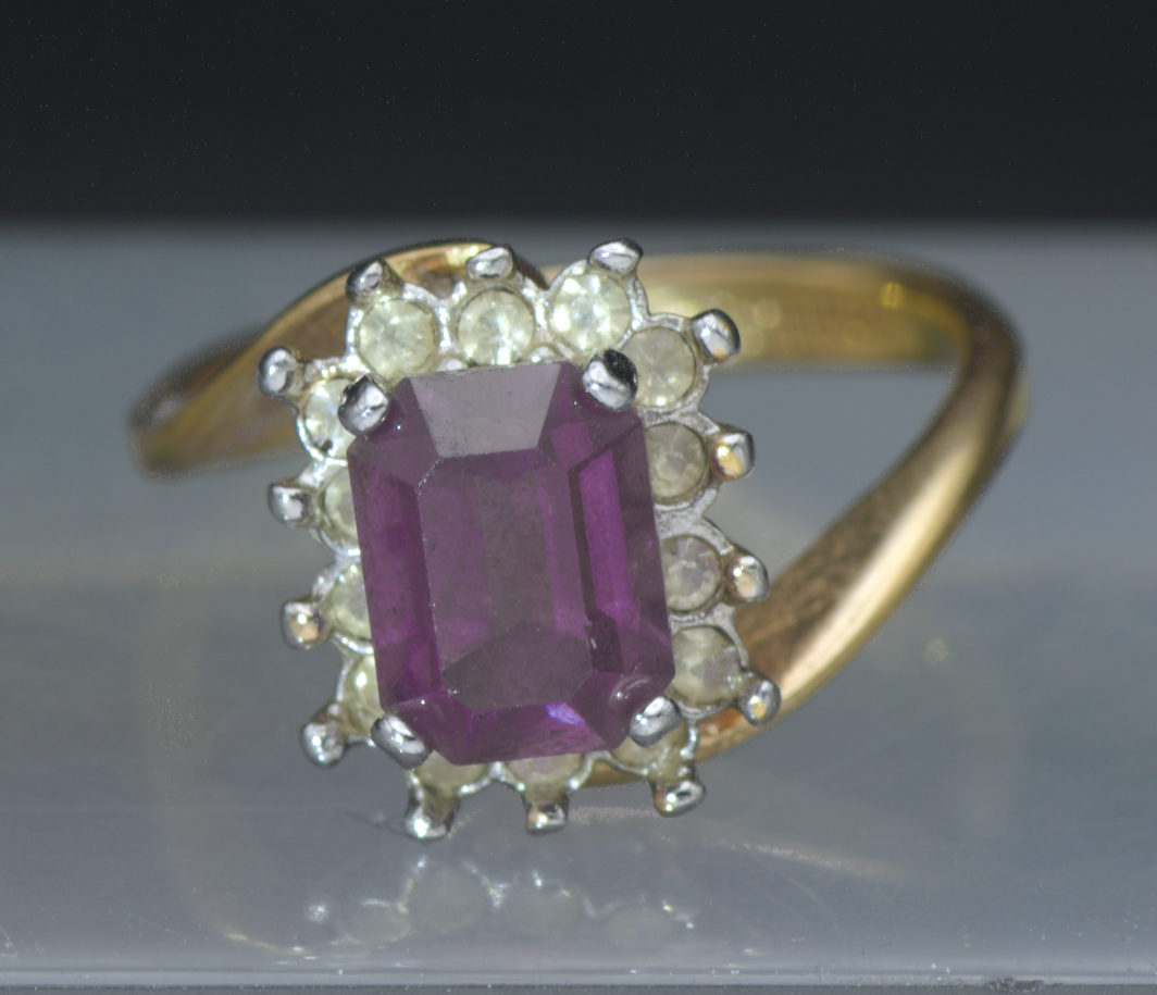 Vintage 18K Gold Plated Imitation Amethyst Halo Ring - Size 5