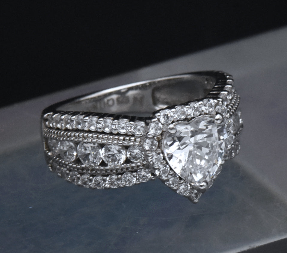 Sterling Silver Heart Cut Cubic Zirconia Halo Ring - Size 6