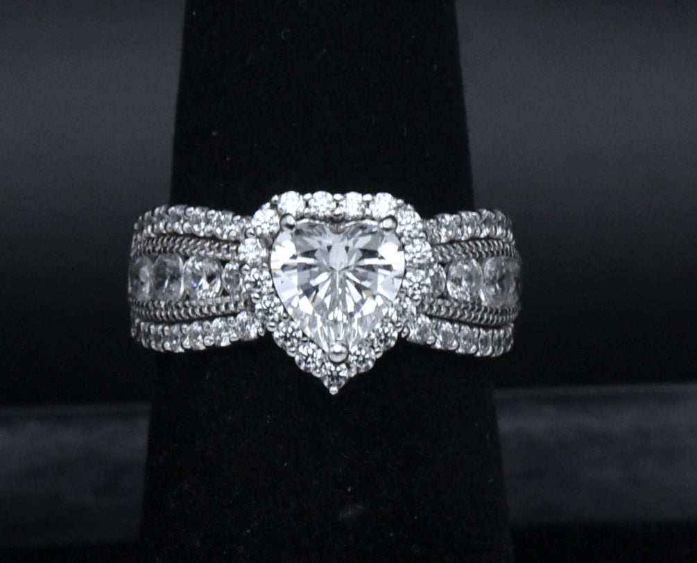 Sterling Silver Heart Cut Cubic Zirconia Halo Ring - Size 6