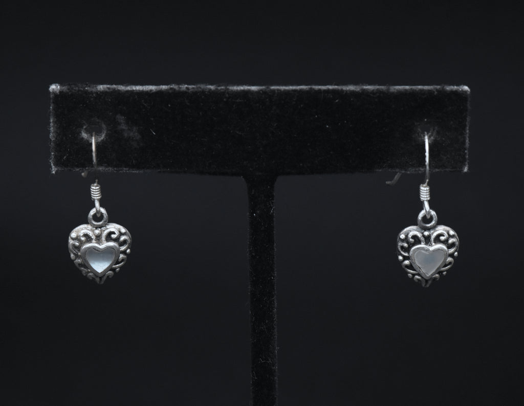 Vintage Mother of Pearl Heart Sterling Silver Dangle Earrings