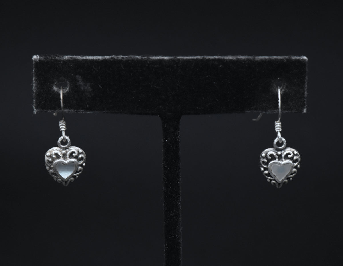 Vintage Mother of Pearl Heart Sterling Silver Dangle Earrings