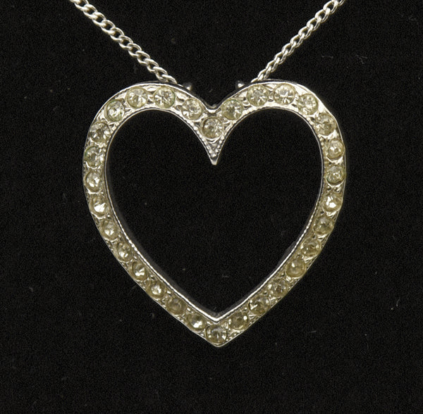Vintage Sterling Silver and Rhinestone Heart Pendant on Sterling Silver Chain Necklace - 16"