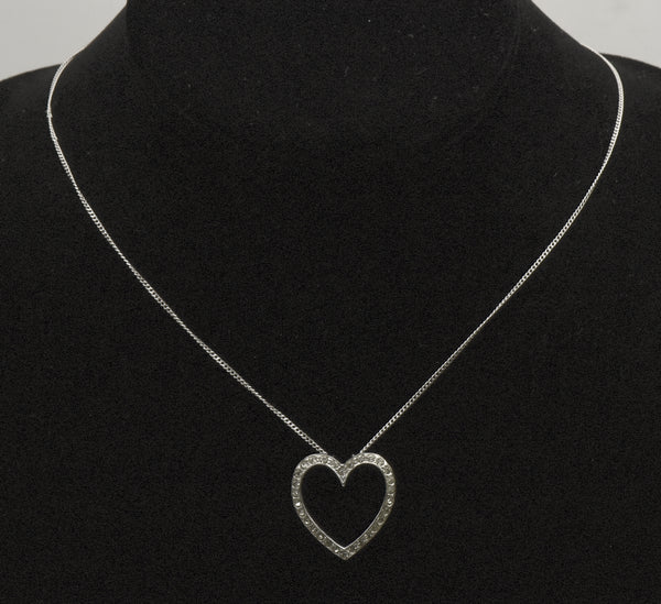 Vintage Sterling Silver and Rhinestone Heart Pendant on Sterling Silver Chain Necklace - 16"
