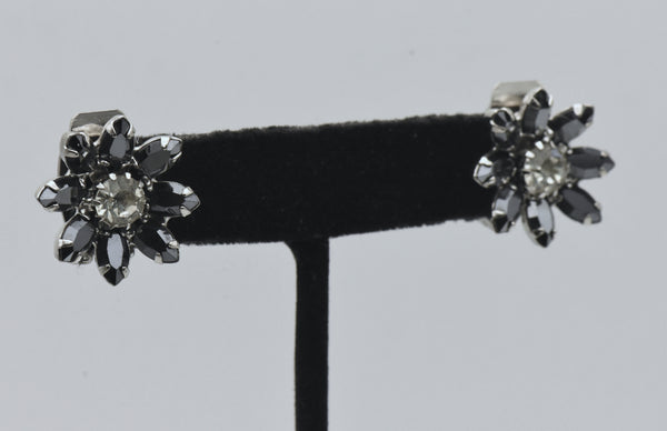 Vintage Hematite and Rhinestone Flower Clip-On Earrings