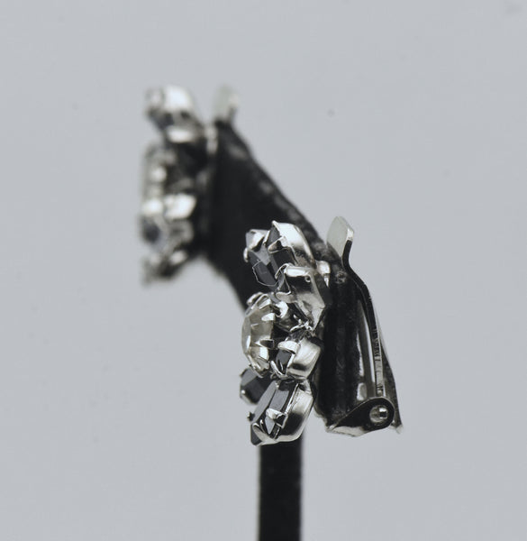 Vintage Hematite and Rhinestone Flower Clip-On Earrings