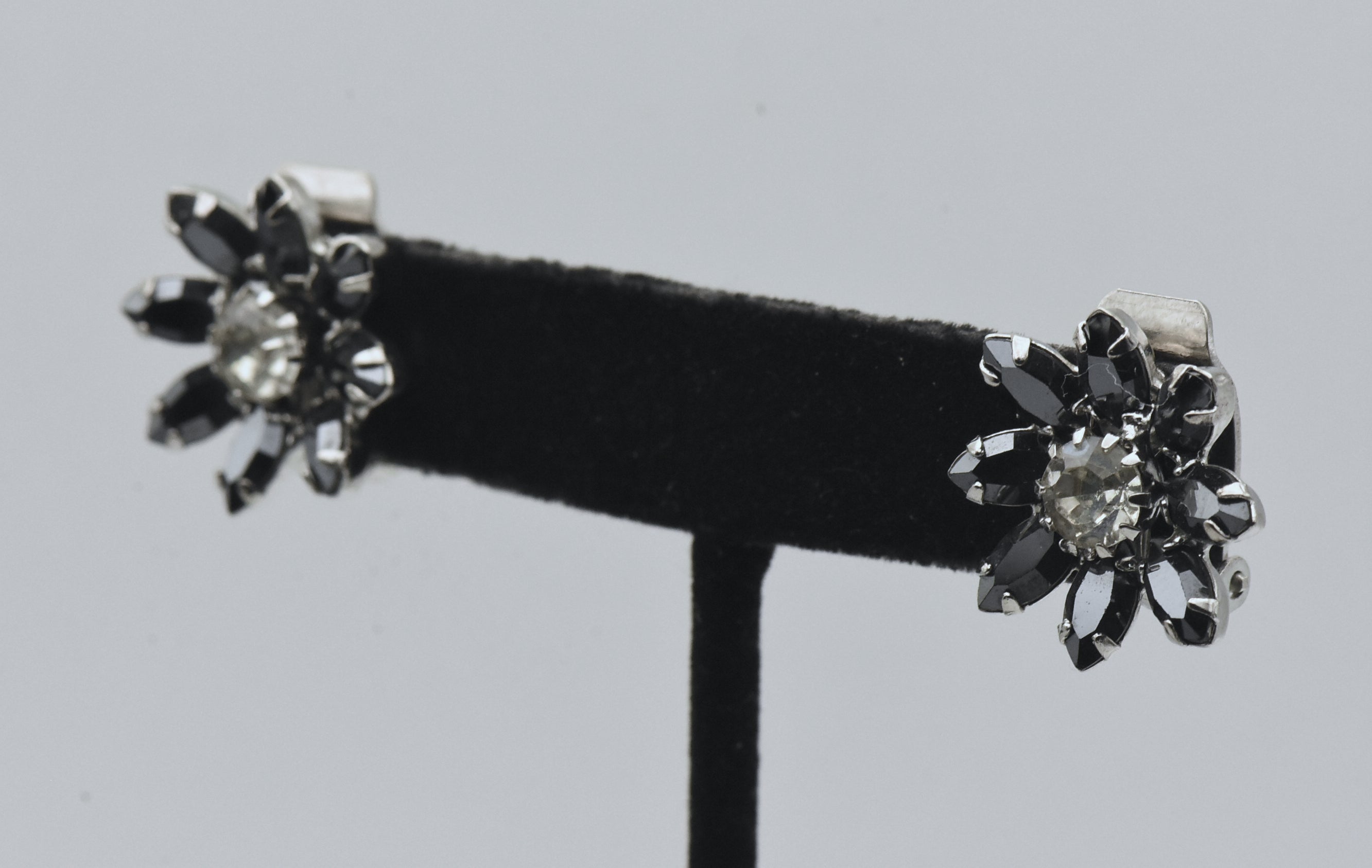 Vintage Hematite and Rhinestone Flower Clip-On Earrings