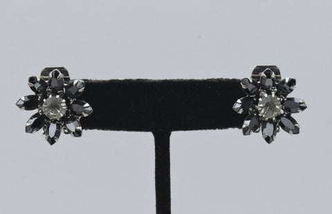 Vintage Hematite and Rhinestone Flower Clip-On Earrings