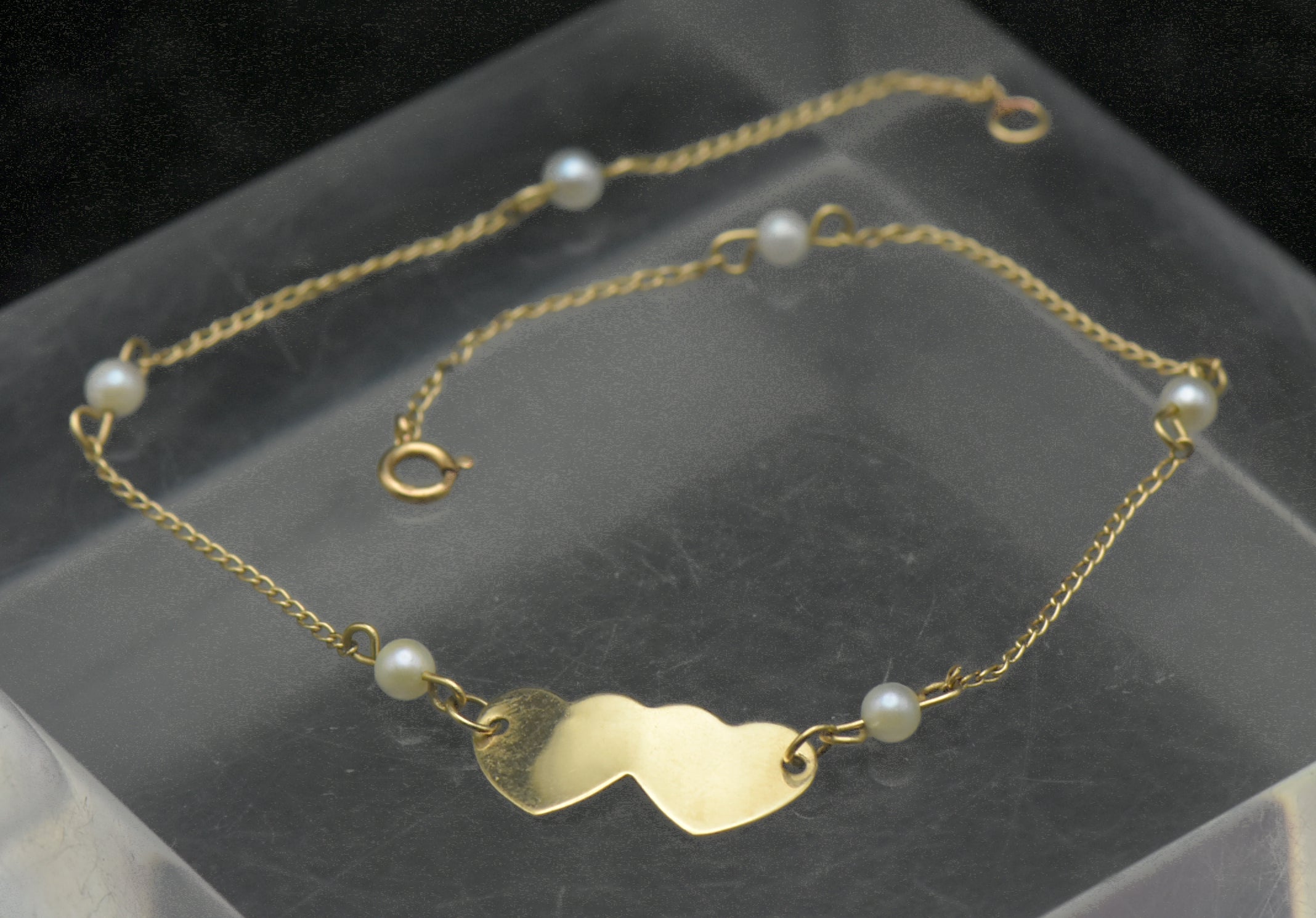 Vintage 14k Gold and Pearls Hearts Bracelet/Anklet - 8.5"