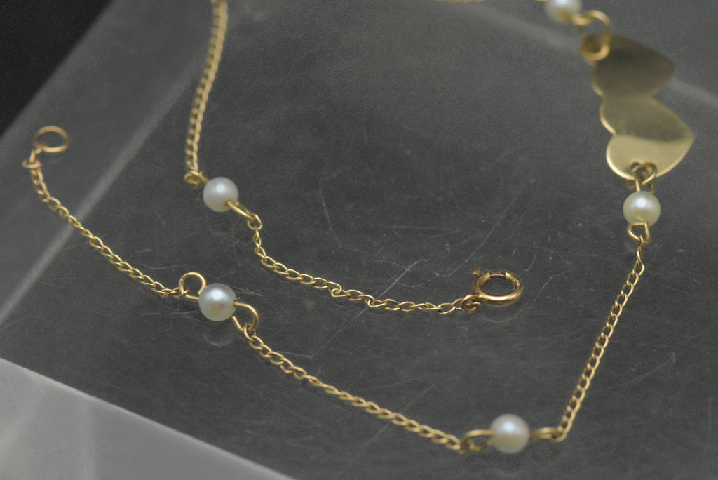 Vintage 14k Gold and Pearls Hearts Bracelet/Anklet - 8.5"