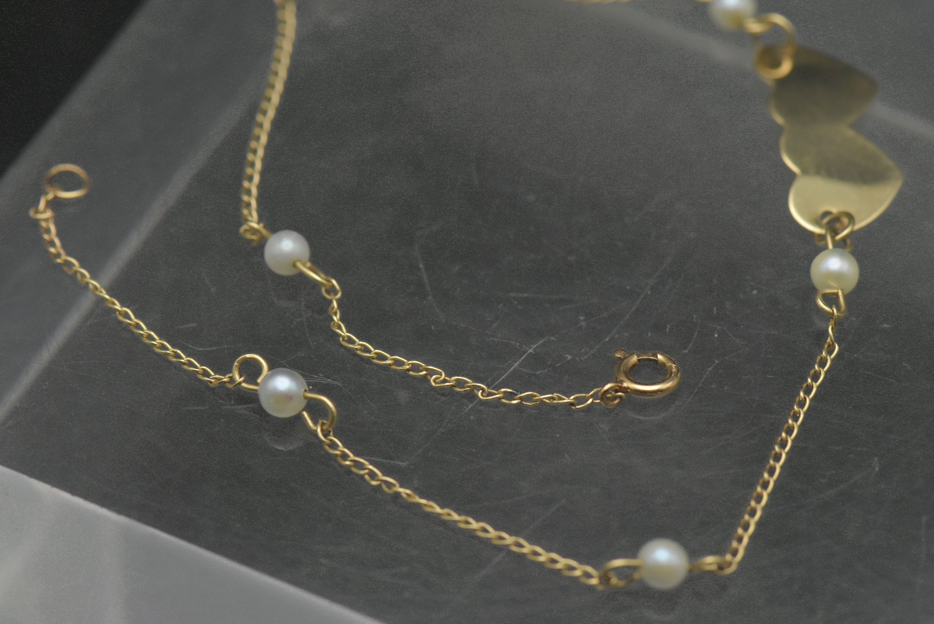 Vintage 14k Gold and Pearls Hearts Bracelet/Anklet - 8.5"