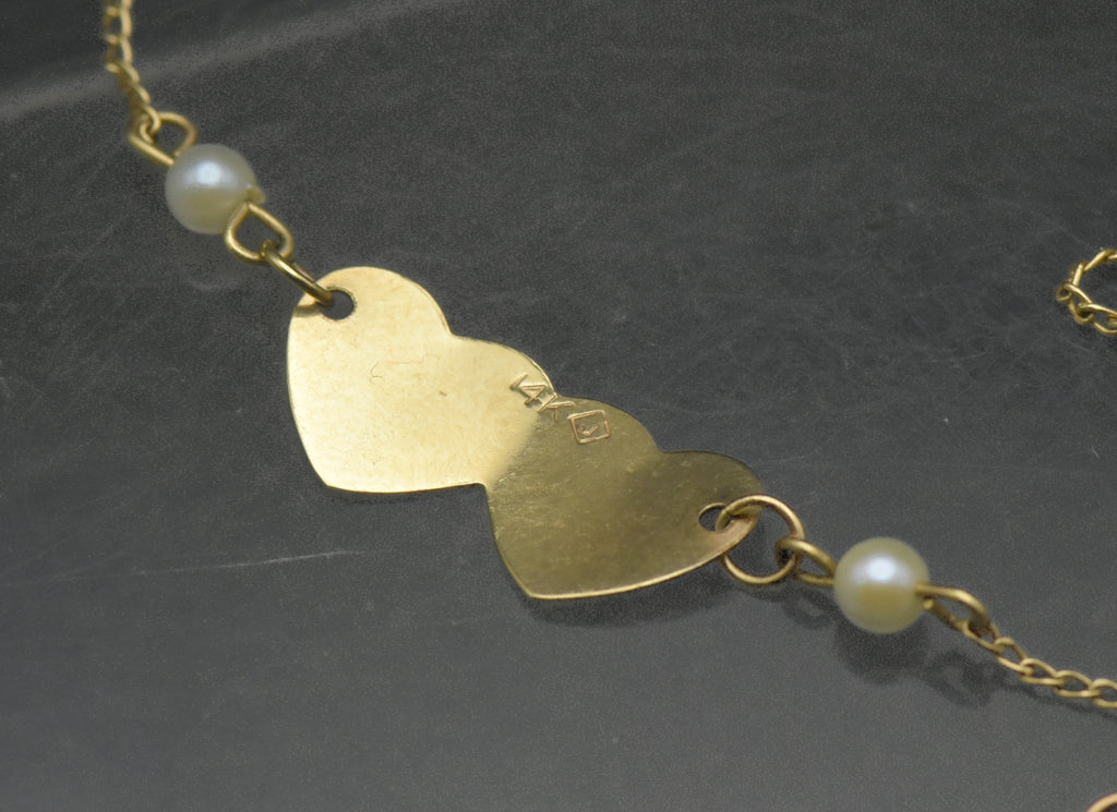 Vintage 14k Gold and Pearls Hearts Bracelet/Anklet - 8.5"