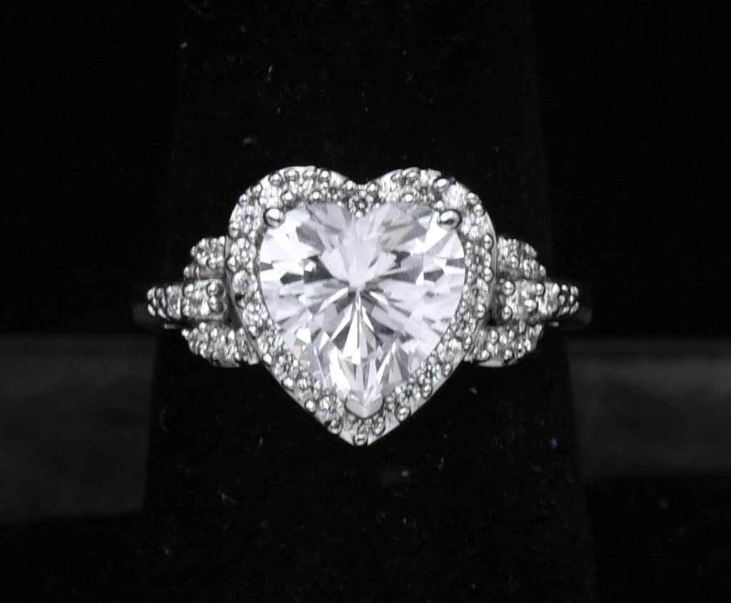 Sterling Silver Heart Cut Cubic Zirconia Halo Ring - Size 7