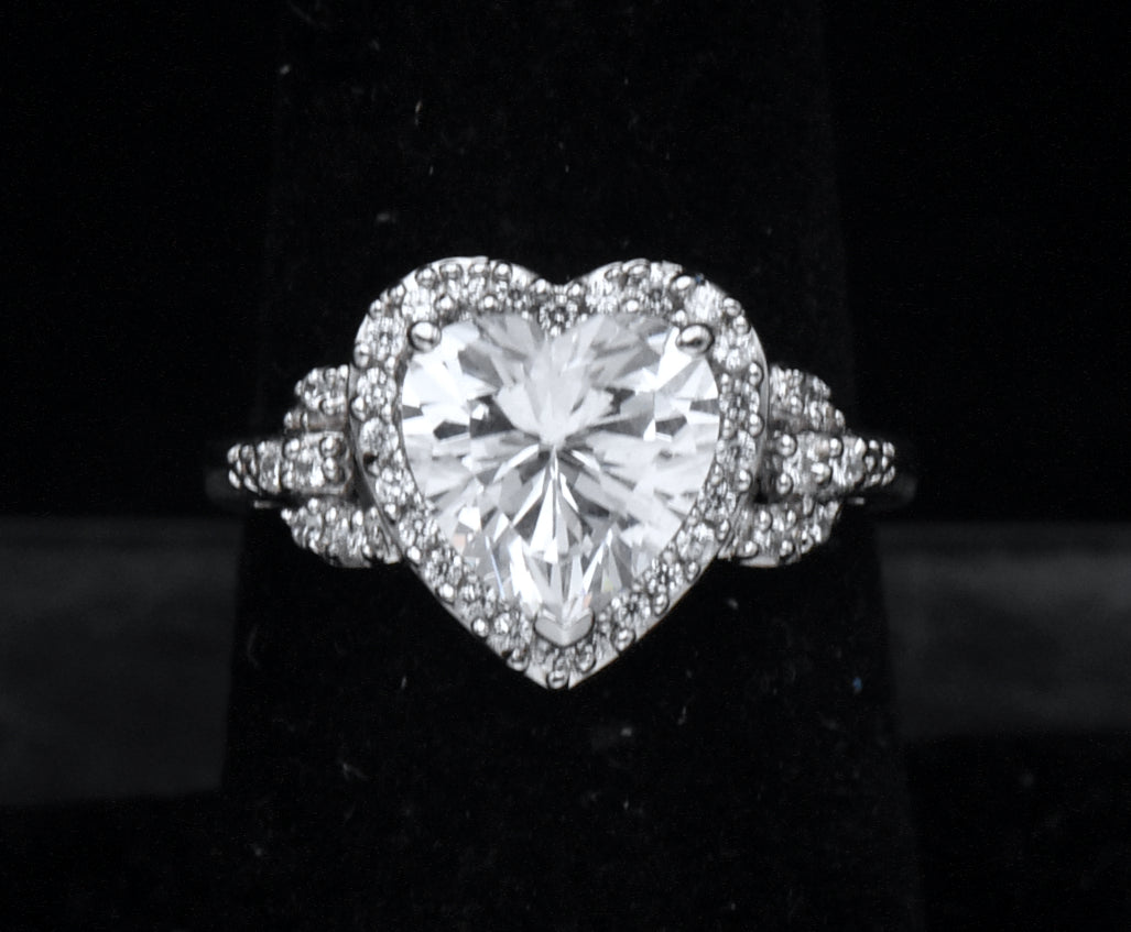 Sterling Silver Heart Cut Cubic Zirconia Halo Ring - Size 7