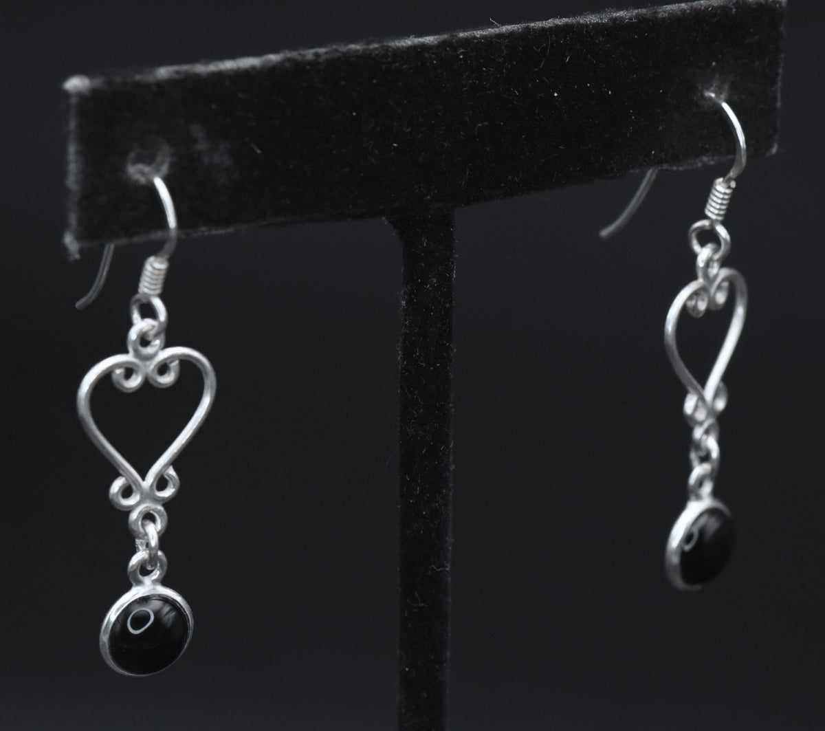 Vintage Sterling Silver Black Onyx Heart Dangle Earrings