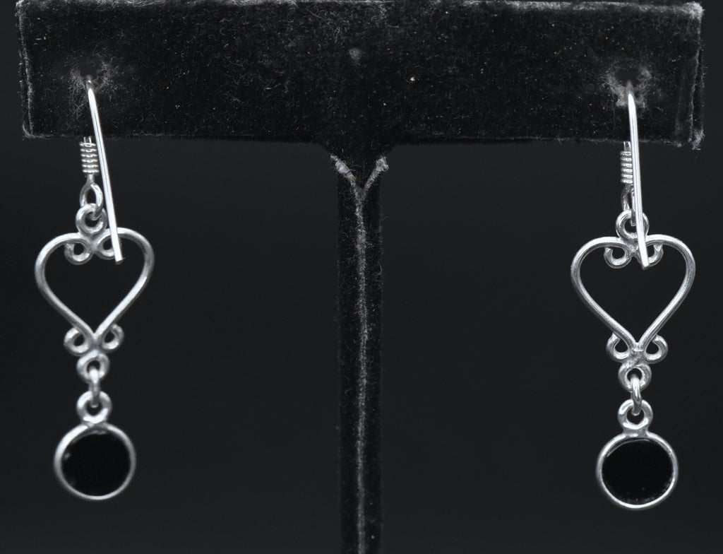 Vintage Sterling Silver Black Onyx Heart Dangle Earrings