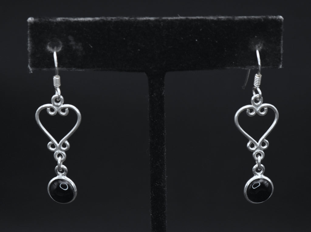 Vintage Sterling Silver Black Onyx Heart Dangle Earrings