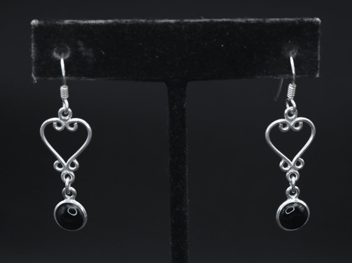 Vintage Sterling Silver Black Onyx Heart Dangle Earrings