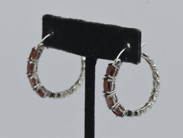 Sterling Silver and Garnet Hoop Earrings