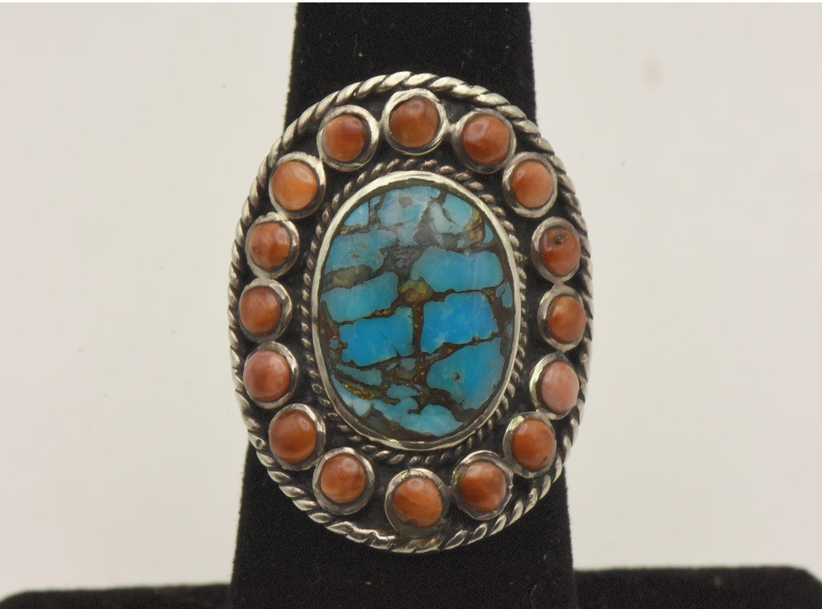 Vintage Handmade Sterling Silver Turquoise and Shell Ring - Size 6