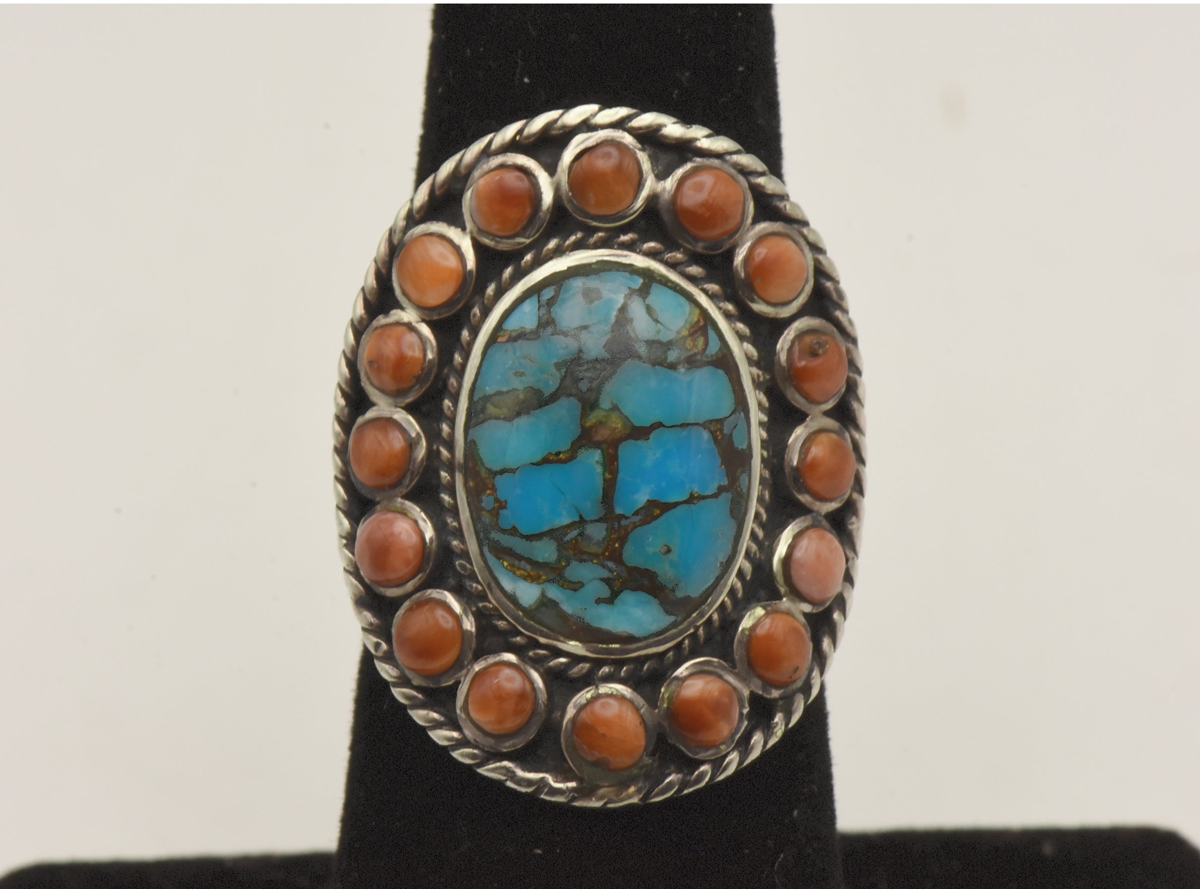 Vintage Handmade Sterling Silver Turquoise and Shell Ring - Size 6