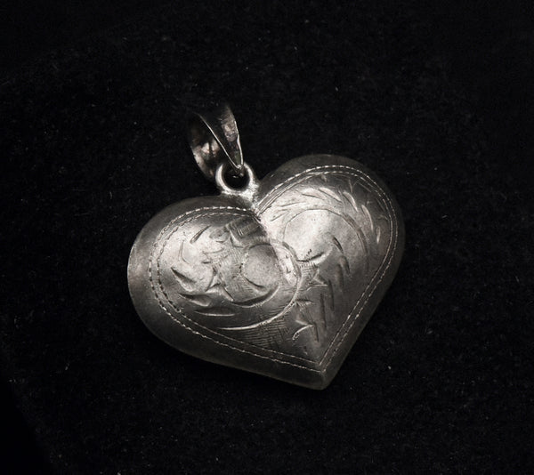 Vintage Sterling Silver Hand Engraved Puffed Heart Pendant