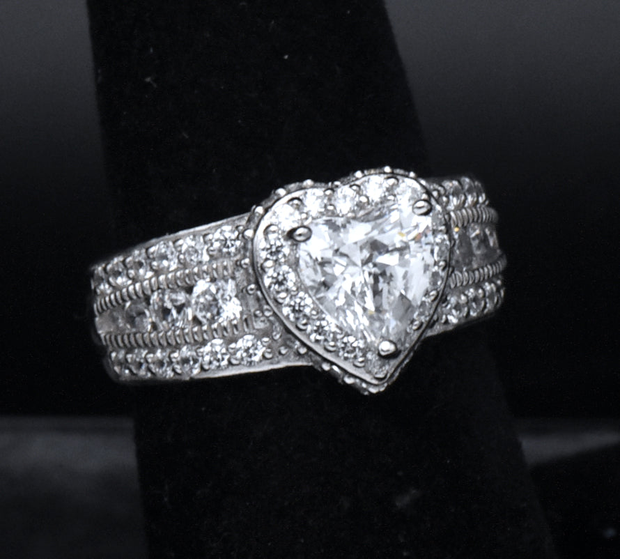 Sterling Silver Heart Cut Cubic Zirconia Halo Ring - Size 6