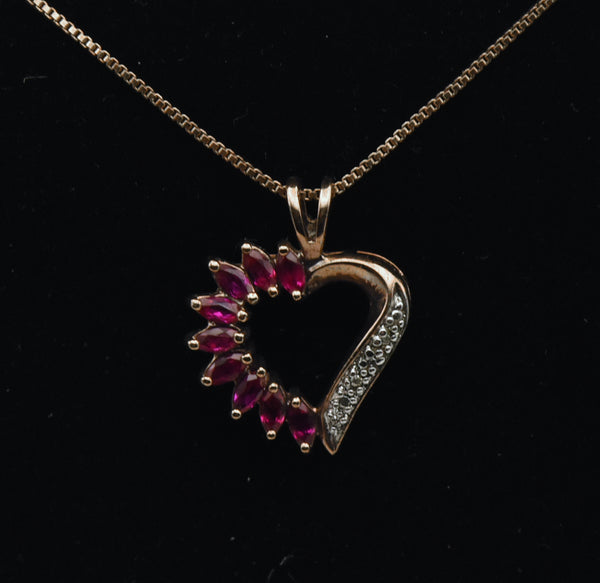 Vintage Synthetic Rubies and Diamond Gold Tone Sterling Silver Heart Pendant Chain Necklace - 18"