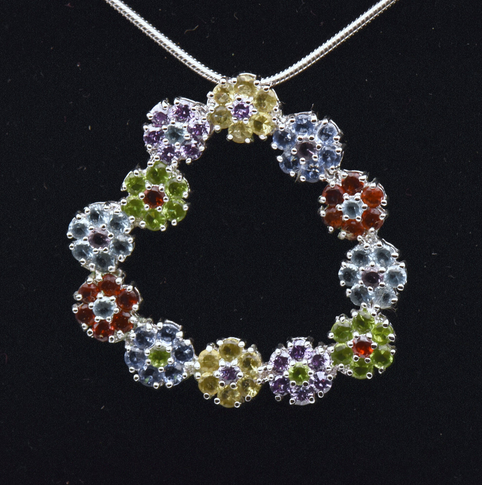 Vintage Colorful Rhinestone Floral Heart Pendant on Chain Necklace - 24"