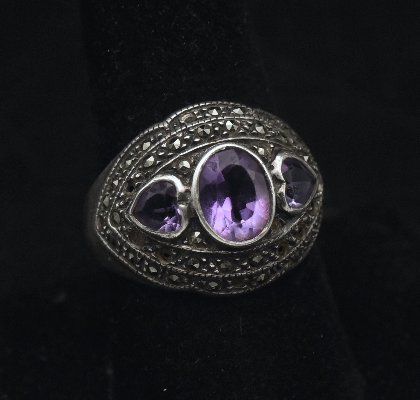 Vintage Amethyst and Marcasite Sterling Silver Ring - Size 8.75 AS IS