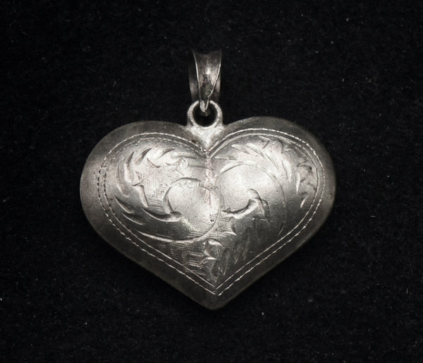 Vintage Sterling Silver Hand Engraved Puffed Heart Pendant