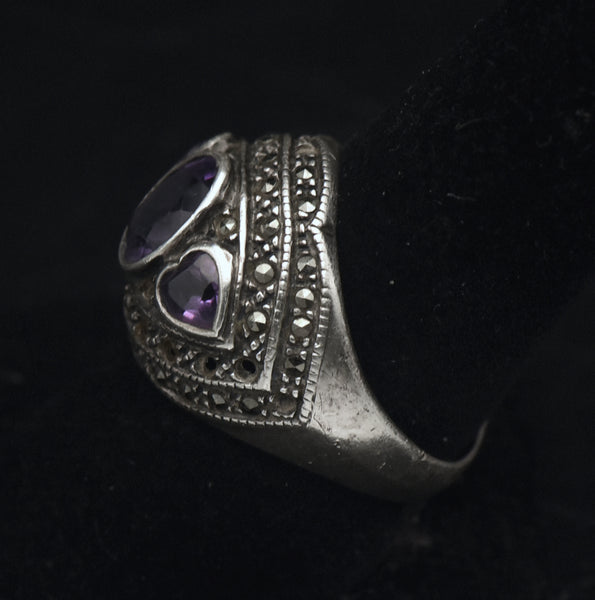 Vintage Amethyst and Marcasite Sterling Silver Ring - Size 8.75 AS IS