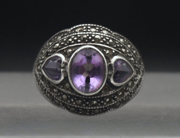 Vintage Amethyst and Marcasite Sterling Silver Ring - Size 8.75 AS IS