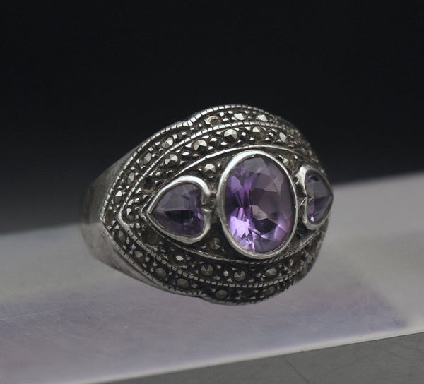 Vintage Amethyst and Marcasite Sterling Silver Ring - Size 8.75 AS IS