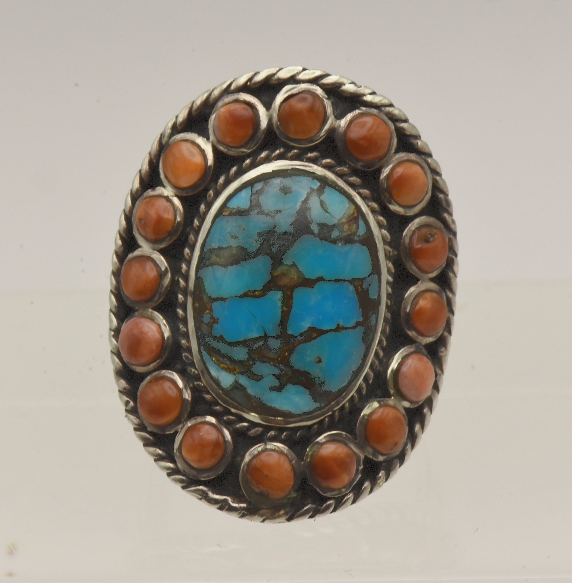 Vintage Handmade Sterling Silver Turquoise and Shell Ring - Size 6