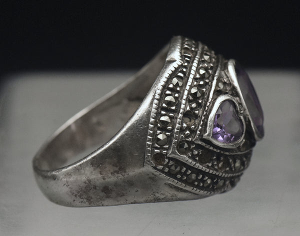 Vintage Amethyst and Marcasite Sterling Silver Ring - Size 8.75 AS IS