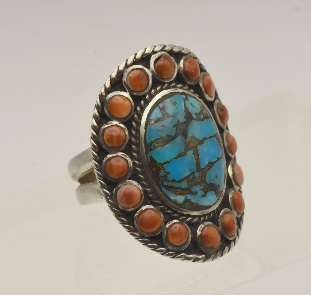 Vintage Handmade Sterling Silver Turquoise and Shell Ring - Size 6