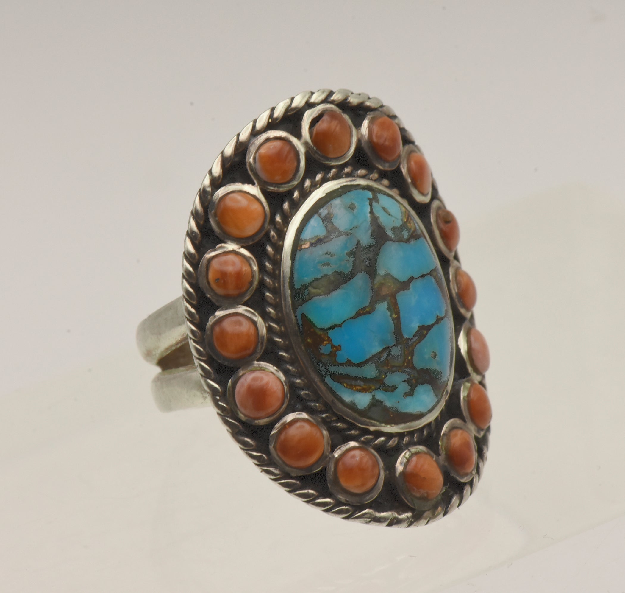 Vintage Handmade Sterling Silver Turquoise and Shell Ring - Size 6